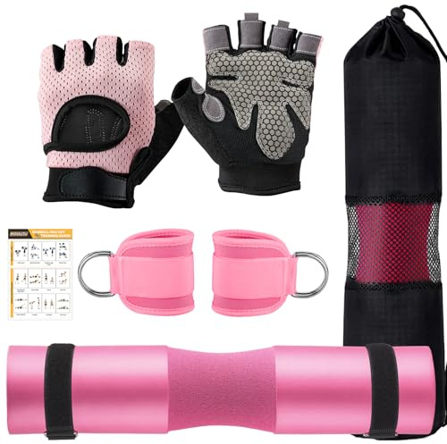 Roviutu Barbell Pad Set,6 Pcs Barbell Pads for Hip Thrust Squat & Lunges Support,with 2 Workout Ankle Straps, 2 Workout Gloves,Olympic Bar Pad and Carry Bag(Pink,Small-Gloves)