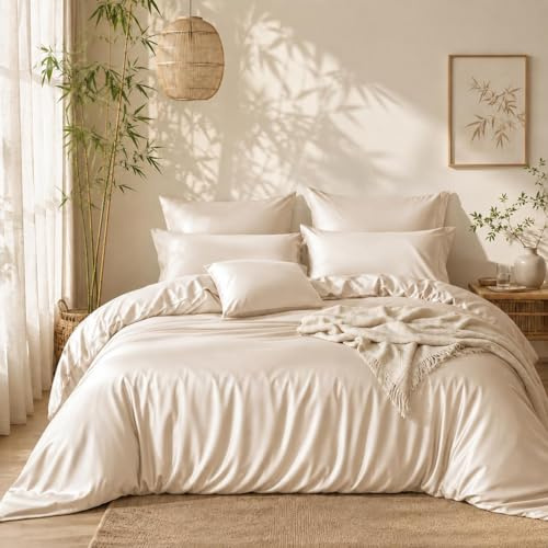 Lanqinglv Juego de ropa de cama de 135 x 200 cm de 100 % bambú Lyocell, de satén Mako, con cremallera, certificado Öko-Tex, funda nórdica de lujo lisa de 135 x 200 cm y 1 funda de almohada de 80 x 80