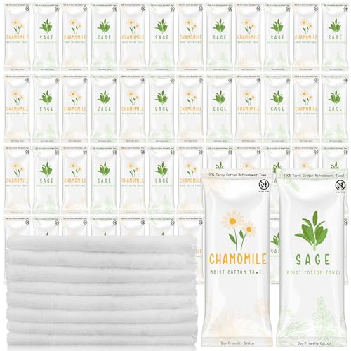 Timgle 50 Pcs Moist Towelettes Individually Wrapped Scented Disposable Face Towels Essential Oil Infused Moist Terry Cotton Towel for Use Hot or Cold Travel Body Spa(Sage, Chamomile)