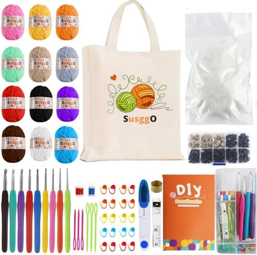SusggO 155 Pezzi Set Uncinetto completo con occhi Amigurumi Imbottitura - Kit Uncinetto Principianti - 12 Gomitoli Cotone di Latte - Aghi all'uncinetto - Accessori Manuale e Borsa - Uncinetto Set DIY