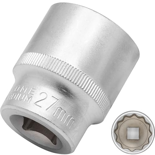 DAKCOS 27mm Spline Socket 1/2 Drive Multi-Tooth 12 Ponit Socket Spanner,CR-V, Mat Chrome Finis