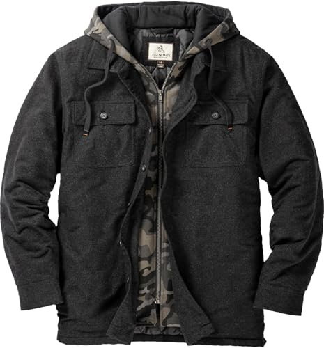 Legendary Whitetails Mens CCW Hooded Flannel Shirt Jacket Polyfill Insulated Quilted Shacket, Black Heather, Medium