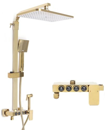 Duschset med beslag, duscharmatur komplett set med fyrkantig regndusch, handdusch och booster-sprutpistol, 4 stråltyper, höjdjusterbar, guld