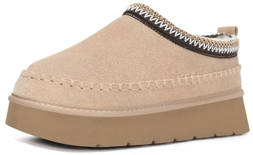 Dokela Femme Chausson en Daim Suède Cuir Véritable Pantoufles Hiver Chaud Doublure en Feutre Imperméable Antidérapante Semelle Épaisse Slippers,Marron Clair,40 EU