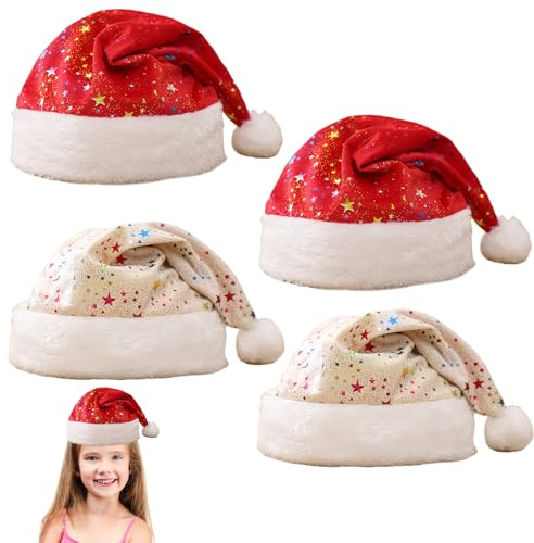 Uoxmiy 4 Pcs Luxury Santa Hat, Adult & Kids Santa Hat with Star Pattern, Christmas Hats for Kids with a Faux Fur Pompom on Top for Xmas Office Party (Red, Beige)