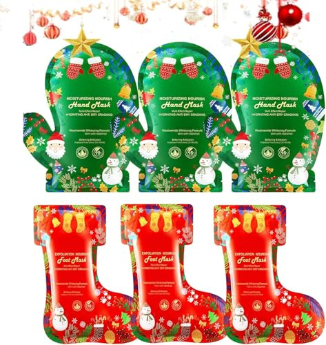 6 Paar Weihnachts Feuchtigkeitsspendende Handmask und Fußmasken, 3Pcs Handmask Für Sehr Trockene und 3Pcs Peeling Fußmaske, Repariert Raue Fersen, Cracked Haut fußmaske Socken für Männer und Frauen