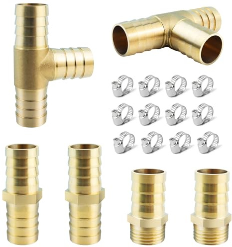 GZjiyu 6 Pièces Raccord de Tuyau en laiton 19 mm, 3 Voies en T pour Carburant avec 12 Collier de Serrage Réglables pour Eau Gaz Air Huile Carburant