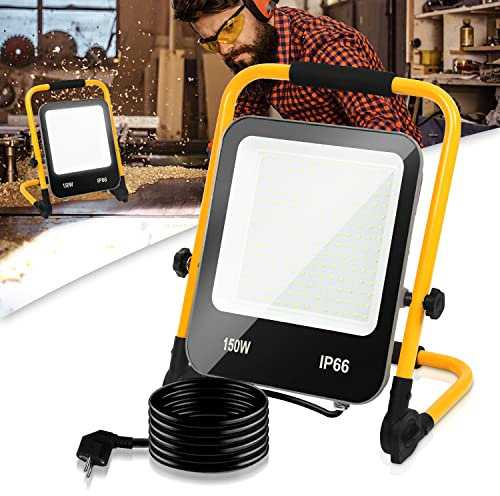 Sonnewelt Foco de Obra Led, 150W Foco de Obra 13000LM 6000K,Lámpara de Construcción Led con Cable 3M y Soporte Plegable,Lámpara de Obra IP66 Impermeable,para Taller,Blanco Luz Día