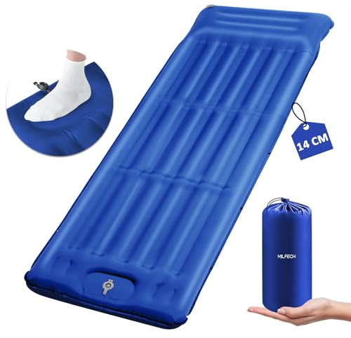 MILFECH Isomatte Camping Selbstaufblasend, 14CM Aufblasbare Luftmatratze mit Fußpresse Pumpe und integrierten kopfkissen,Ultralight Schlafmatte Wasserdicht Outdoor, Isomatte für Camping,Wandern (Blau)