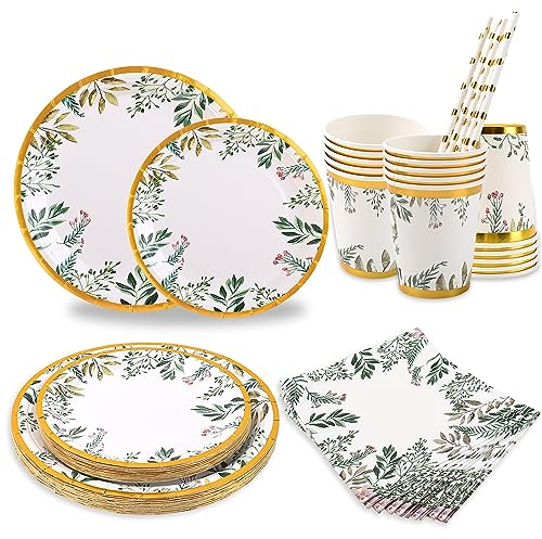 CEILIWEN Sage Green Gold Party Tableware Set for 50 Guests - 250PCS Paper Plates, Cups, Straws, Napkins