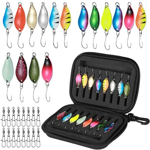 Realure 16Pcs Fishing Spinners Set – 2.5g/3.5g/5g Metal Spoon Lures with Rolling Swivels & Clips, Storage Box for Pike, Sea Bass, Trout Freshwater Saltwater
