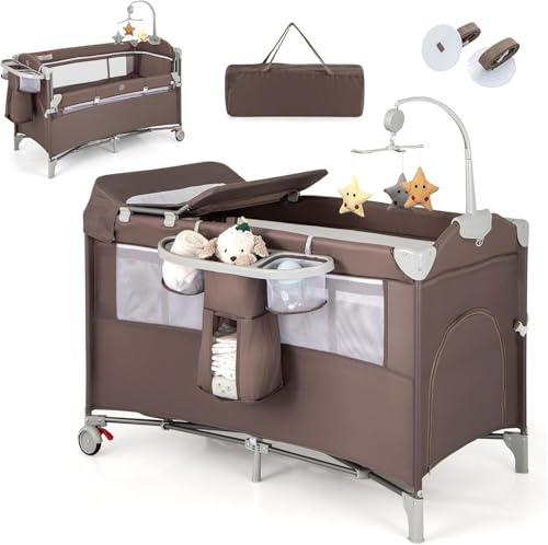 RELAX4LIFE 5 en 1 Cuna Infantil Bebe con 2 Ruedas Bloqueables, Cambiador, Correa Fijación, Caja de Música y 3 Juguetes Colgantes, Cuna con Colchón y Bolsa de Transporte para Bebés 0-36 Meses (Café)