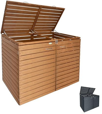 Mülltonnenbox 2er 240 l mit Gasdruckfeder in Braun - Müllbox aus Holz - Mülltonnenverkleidung - Mülltonnen Sichtschutz - Mülltonnenhäuschen Extra Stabil