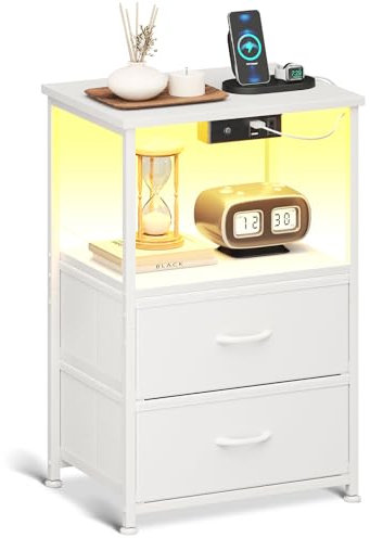 Coleshome Mesitas de Noche, con Enchufe, 2 Puertos USB y Tira de Luces LED, Mesita de Noche con 2 Cajones de Tela y 1 Espacio de Almacenamiento, 40 x 30 x 60 cm, 1 Paquete