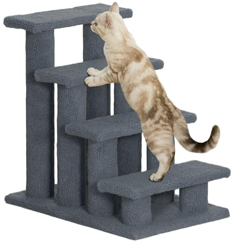 PawHut Escalier pour Animaux de Compagnie escalier pour Chat Chien avec 4 marches revêtement Effet Laine bouclée pour lit Haut et canapé 61 x 41 x 60 cm Gris
