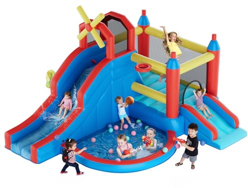 Warmiehomy Inflatable Bouncy Castle with Ball Pit and Slides Bounce Water Park with Jump House Basketball Game and Dart Game for Kids Age 3-8 Indoor Outdoor Garden Park Backyard Children Birthday Gift