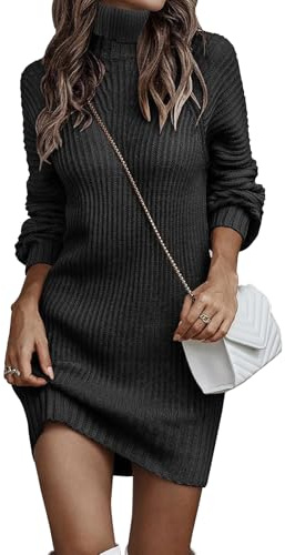 JFAN Vestido de Punto Invierno Mujer Elegante Casual Vestido de Suéter de Cuello Alto Manga Larga Tallas Grande Casual Dress,Negro,M