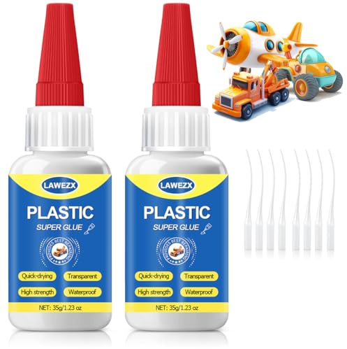 Colla per Plastica 35g x 2, LAWEZX Super Colla Istantanea Liquida - Trasparente, Impermeabile e Resistente al Calore, Adesivo Extra Forte per Plastica, Acrilico, ABS, PVC, PLA, 3D Stampa & Modellismo