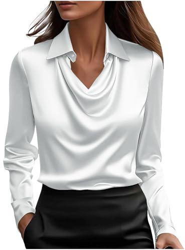 Lovraj Camicetta da donna in raso elegante con scollo a cascata, tinta unita, business, seta, a maniche lunghe, bianco, XL