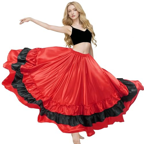 MUNAFIE Jupe de danse du ventre pour femme - Jupe multicouche avec volants en satin pour le flamenco espagnol - Pour spectacle de danse du taureau