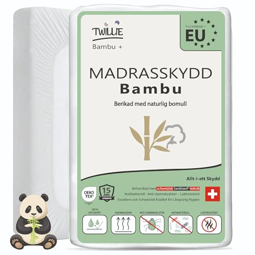 Twillie madrassskydd 200x210 bambu – Överlägsen kvalitet – Vattentätt & andningsbart – Berikat med naturlig bomull, Swiss Sanitized® behandling mot kvalster, antibakteriell, mot obehagliga lukter