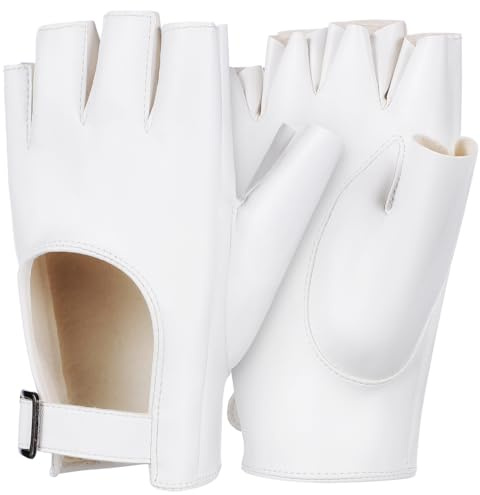 GAROZATION 1 Paar Damen Halbfingerhandschuhe Weiß Pu Leder Fingerlos Punk Motorradhandschuhe und Tanzkostüm Zubehör