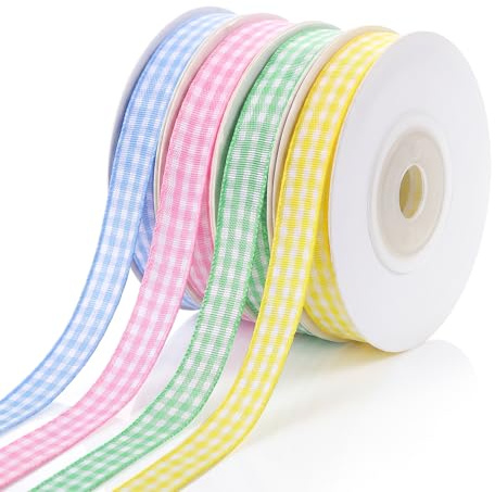 RAHHLIZS 4Pcs Gingham Ribbon Pink Yellow Blue Green Ribbon for Crafting | 40 yard cotton ribbon pink ribbon for gift wrapping blue ribbons for sewing decor school and birthday gift wrapping