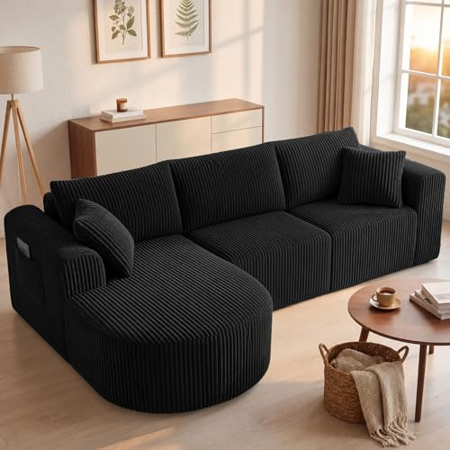 COMHOMA Boneless Corner Sofa Couch Cloud Modular Sectional Sofa L Shaped Memory Foam Corduroy 245CM Couch for Living Room, No Assembly 3–4 Seater