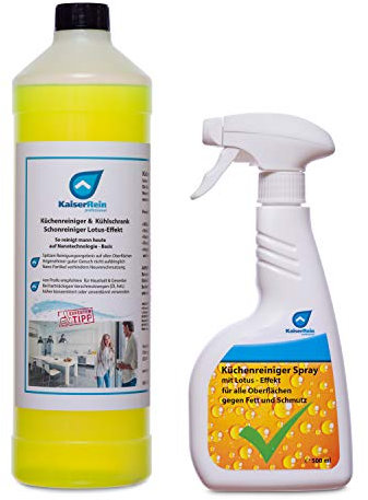 KaiserRein Küchen- und Kühlschrank-Reiniger Konzentrat 1 L mit Lotus-Effekt + Spray Flasche (optimal für Küchen-Fronten matt und hochglanz)