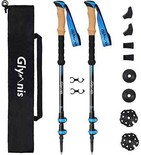 Glymnis Bastoni Trekking Bastoncini da Trekking 3 Sezioni Lunghezza Regolabile 65-135cm in Alluminio 7075 con Sistema di Blocco Rapido e Impugnatura in Sughero per Escursioni Blu