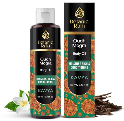 Botanic Rain Olio corpo biologico con Oudh & Mogra, olio corpo idratante e idratante per donne e uomini, olio aromatico dopo la doccia ayurveda, naturale, vegano, cruelty free, 100 ml