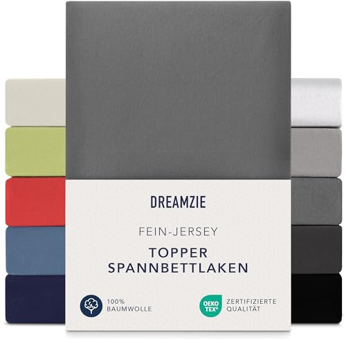 Dreamzie Premium Topper Spannbettlaken 90x200 cm - 100x200 cm - extra niedriger Seitenhöhe - für Topper - Topperauflage - Spannbetttuch Jersey Baumwolle, 150 g/m² - Oeko-TEX - Anthrazit