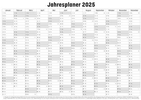 Jahresplaner für 2025 A4 (210x297mm) A3 (297x420mm) A2 (420x594mm) A1(594x841mm) Wandplaner mit viel Platz für Beschriftungen wie Geburtstage und Termine (A4 (210x297mm))