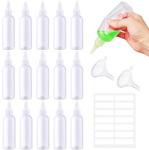 Prebarfun Squeezy Bottles with Nozzles, Plastic Squeezy Sauce Bottles Small, Clear Condiment bottle with Funnels Labels for Sauce Oil Ketchup DIY Crafts (16PCS 60ML)
