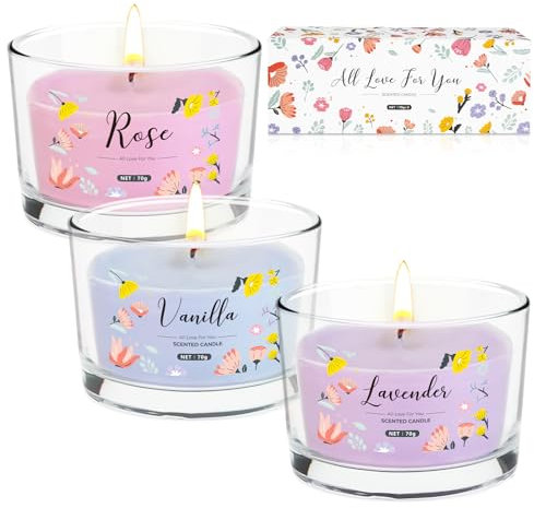 Duftkerzen Set Geschenk für Frauen, Duftkerze im Glas, 3 Stück Dufted Kerzen Geschenk Set mit Deckel,100 Std,100% Soja-Wachs, Tragbare Reisekerzen Zum Stressabbau, Muttertagsgeschenk für Familie