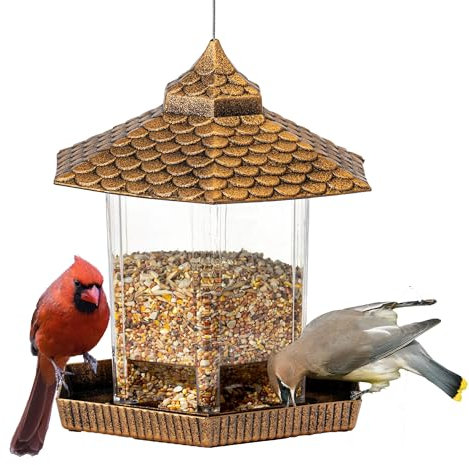 Hadeeka Outdoor Garden Bird Feeder Hanging Station for Small Birds - Squirrel Proof, Holds 0.8 Kg of Feed Seeds, Hangs from Pole, Stand, Tree to Attract Cardinals, Warblers, Starlings (Brown)