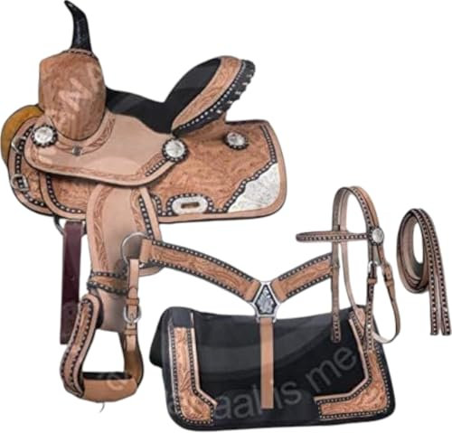 DEEN ENTERPRISES Pony Jugend-Kind-Sattelzaumzeug, klassisch, hochwertig, handgefertigt, Leder, Premium-Komfort, Westernfass Rennstrecke, Pferdesattel, Größe 25,4 cm