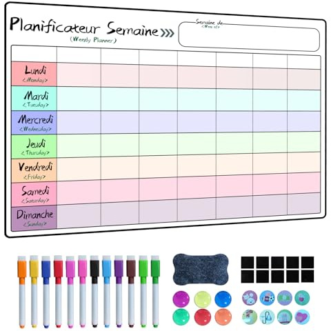 Prelisee Calendrier Magnetique Frigo,42x30cm Planificateur Hebdomadaire Magnétiques Effaçables Peut servir de Tableau Menu Semaine Frigo, Liste de Courses, Planning Semaine Magnetique, avec Raccords