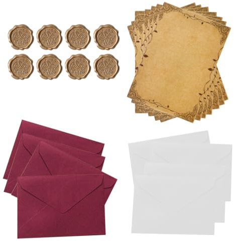 KEWUF Juego de Papel de Carta Vintage, Con 8 Sobres Bonitos de Lino, 8 Sobres Papel Vintage y 8 Pegatinas de Sello de Cera, Sobres de Invitación Bautizo Participación Cumpleaños Boda Aniversario