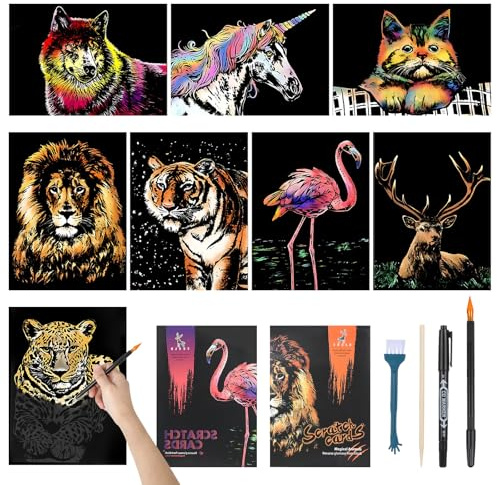 8 Fogli da Scratch Art, Scratch Paper A4 con 4 Strumenti, 29 x 21 cm Serie Animali Carta da Grattare per Adulti e Bambini Progetti fai da te
