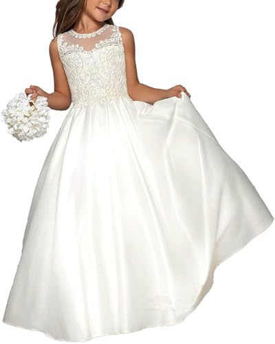 Hongyangjing Abito da Prima Comunione per bambina, con applicazioni di perle, in raso, linea ad A, per matrimonio in chiesa, bianco, 13-14 Anni