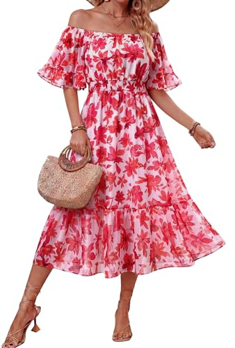 VAFOLY Off Shoulder Dresses for Women：Women's Summer Floral Maxi Dress Casual Short Sleeve Flowy Boho Beach Party Long Dress Hawaiian Spring Wedding Guest Vacation Dresses Tropical Flower Pink L