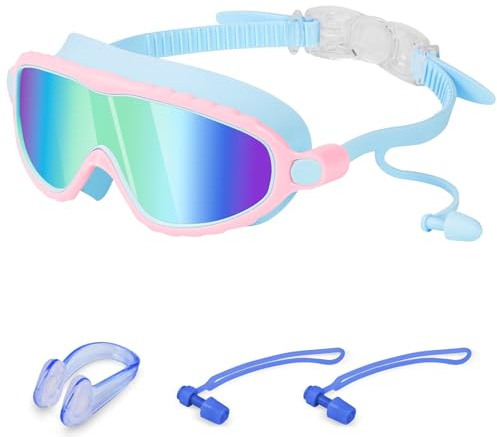 DiULi Lunettes de Natation Enfant avec Bouchons d'Oreilles et Pince-Nez | Masque de Piscine Anti-Buée Protection UV, Joint Silicone Étanche, Cadre Large, pour Garçons et Filles de 3 à 12 Ans