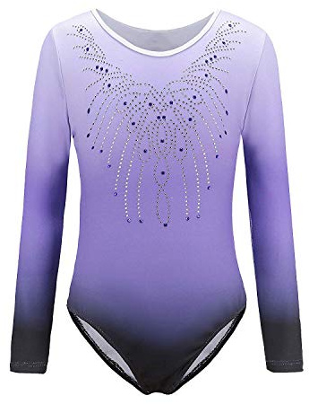 Sinoem Body da ginnastica per ragazza, colore sfumato, multicolore, maniche lunghe, leotard danza, balletto, per bambini 5-12 anni (5-6 anni, viola - maniche lunghe)