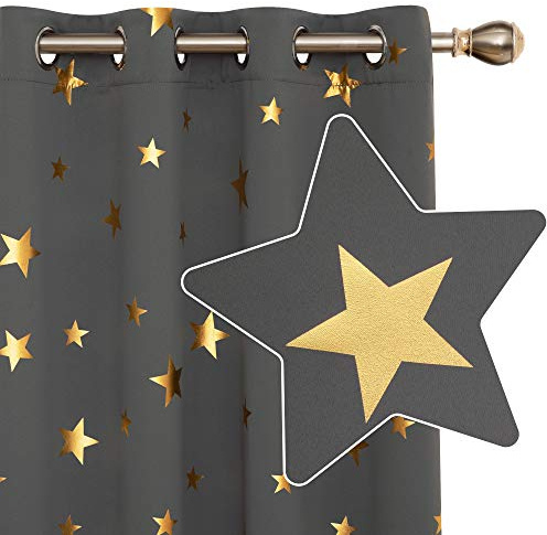 Deconovo Room Darkening Blackout Curtains, Thermal Insulated Eyelet Curtains, Gold Star Foil Pirinted Curtains for Window, 52 x 72 Inch(Width x Length), Light Grey, 2 Panels