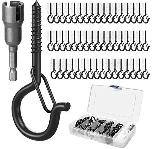 GIPTIME 50 Set Q-Hanger Hooks for Outdoor String Lights, Ceiling Hook Screw Christmas Rope Light Clips, Fairy Lights Plants Wind Chimes Hanging Safety Buckle Design, Include Wing Nut Driver