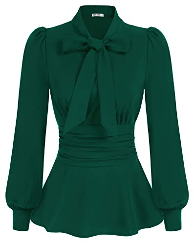 GRACE KARIN Damen Büro Fliege Bluse Puffärmel Schößchen Dressy Shirt Gesmokte Taille Blusen CL1476-03_00M