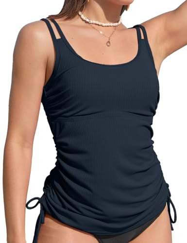 ANFILIA Women's Push Up Tankini Top Only Scoop Neck Swim Top Ruched Bathing Suit Top No Bottom Modest Bikini Tank Top Blue