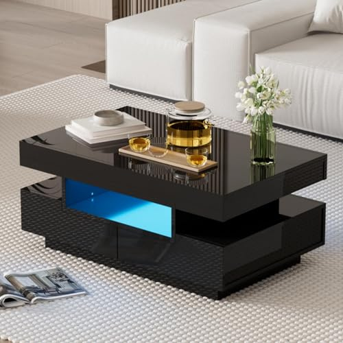 KOMHTOM Table Basse Moderne LED Noir, Meuble de Salon avec Quatre Tiroirs Coffre (Noir)