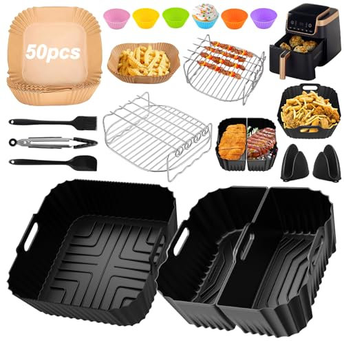 Air Fryer Silicone Liners Accessories for Ninja Air Fryer MAX PRO AF180UK 6.2L, Reusable Dual Airfryer Liners Grilling Rack, Oil Brush for Cosori TurboBlaze 6L, for COSORI Durable Air Fryer 5.5 L